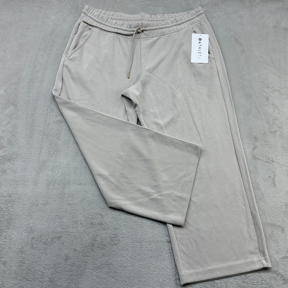 Athleta Seasoft Straight Crop Women L Beige Tan Drawstring Pockets Travel Lounge